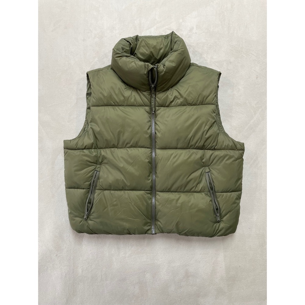 Old Navy Womens XL Olive Green Water-Resistant Puffer Vest Quilted Full Zip